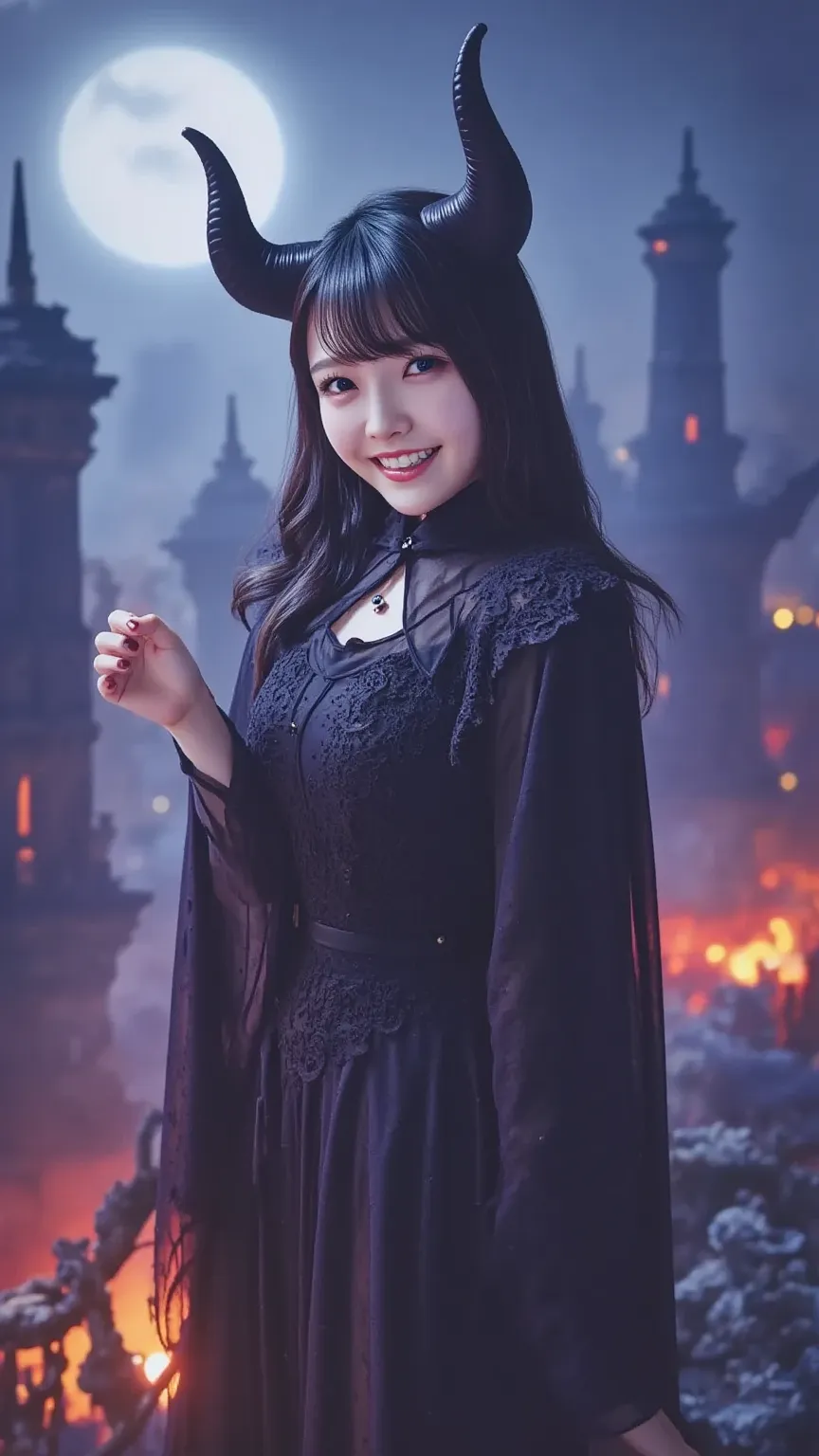 "A cute Japanese woman dressed in a devil costume, with devil horns on her head, a devil's tail protruding from her back, and holding a trident in her right hand. The background features a sinister, ominous demon world with dark skies, fiery lava, and eeri...