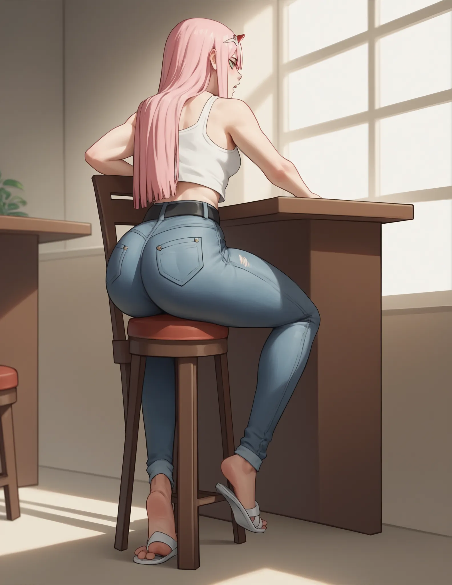 score_9, score_8_up, score_7_up, source_anime, zero two, zero two \(darling in the franxx\), green eyes, long hair, pink hair,(((White mini fitted tank top))),tight thicc jeans,black belt,thicc fat ass,(((white flip flops))),tiptoe, dangling,sitting down o...