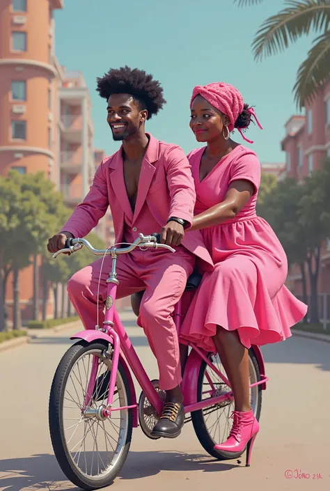 Skinny black man dressed in pink with very fat black woman dressed in pink on a pink bicycle