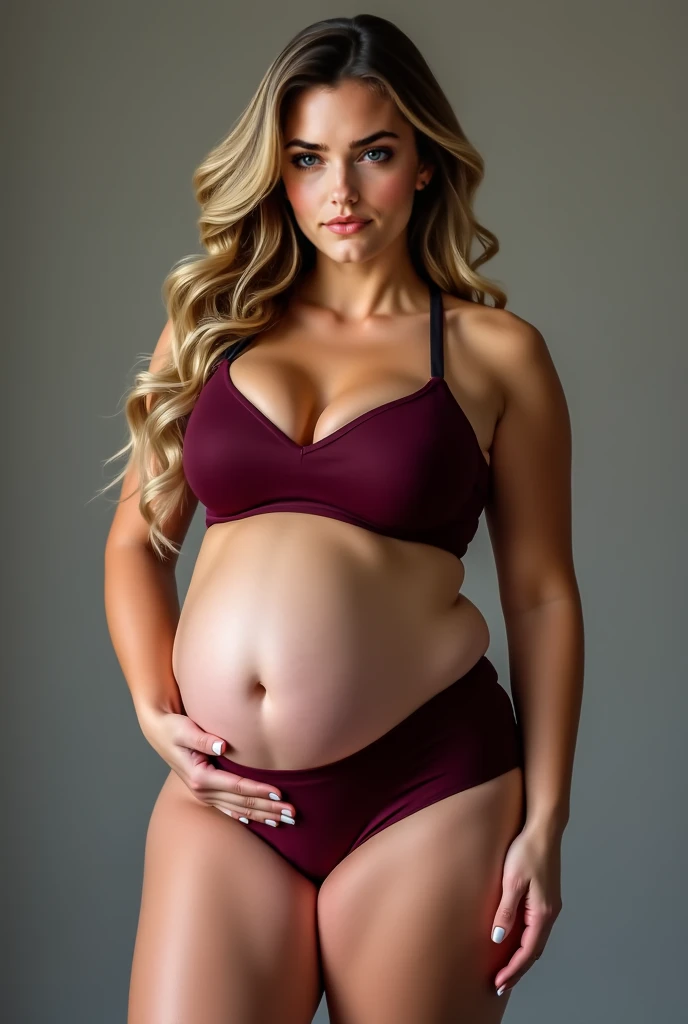  German woman. Model looking. thick thighs muscular flat stomach double E breast curvy woman big ass. Pawg. Dirty blonde curls. Brown eyes. Small baby bump Wearing burgundy