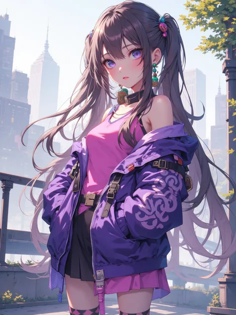 Alone female character，Wears a purple hoodie and a pink tank top，Has long brown hair and pigtails，With earrings，Layered clothing includes a skirt and stockings，In an outdoor setting，Background is a city view with trees。