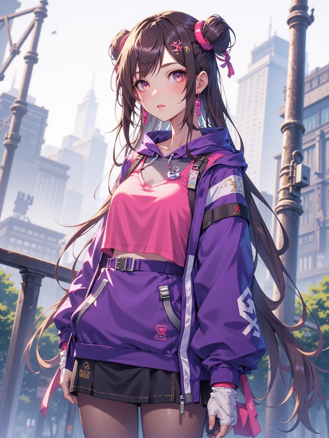 Alone female character，Wears a purple hoodie and a pink tank top，Has long brown hair and pigtails，With earrings，Layered clothing includes a skirt and stockings，In an outdoor setting，Background is a city view with trees。