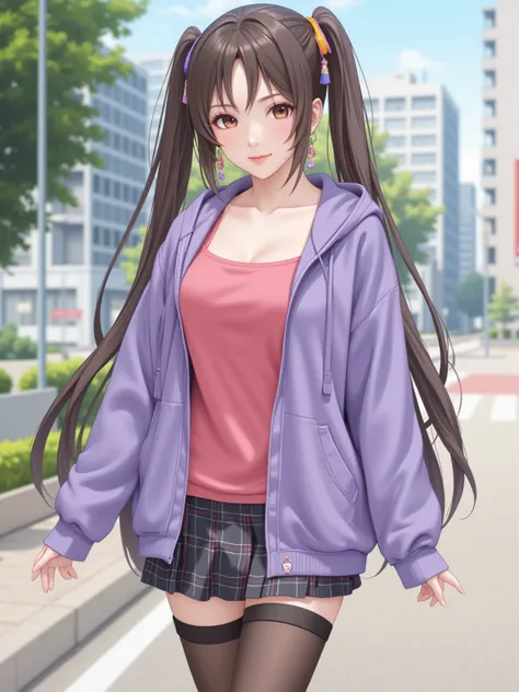 Alone female character，Wears a purple hoodie and a pink tank top，Has long brown hair and pigtails，With earrings，Layered clothing includes a skirt and stockings，In an outdoor setting，Background is a city view with trees。