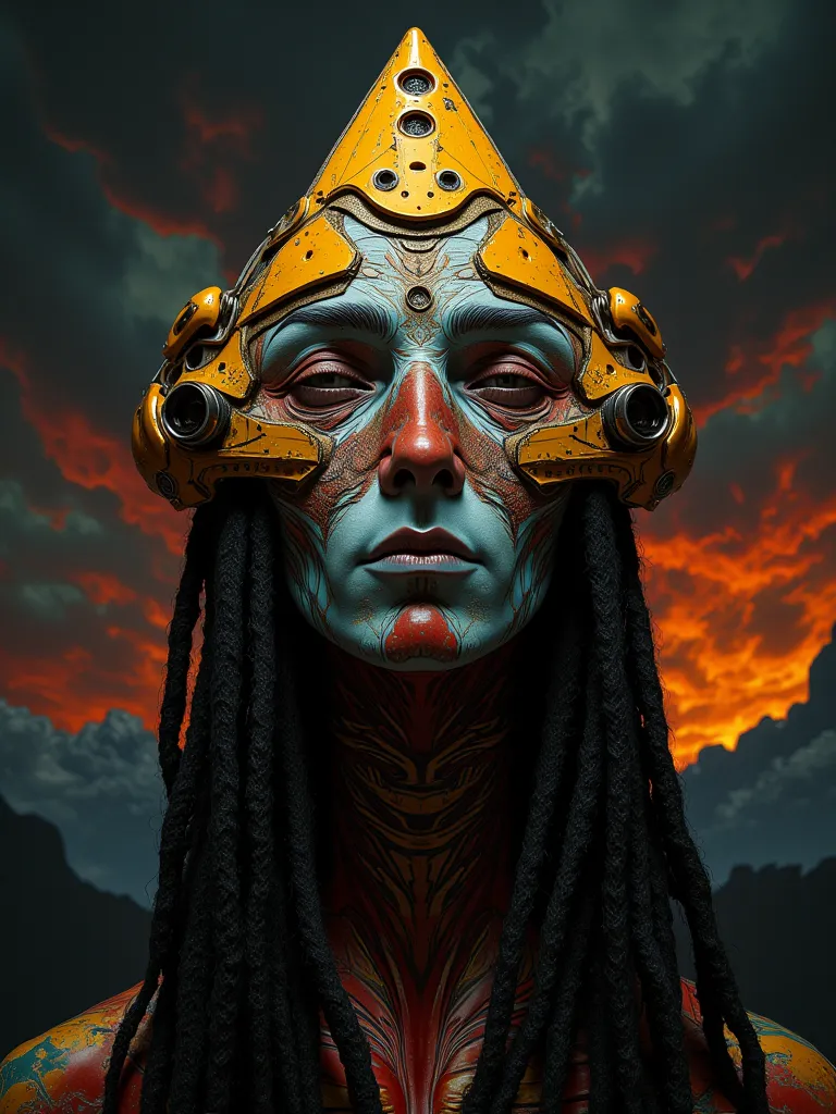 Highly detailed face close of a comic books style of a impressionist chiaroscuro on cinematics style, triangle head of odd shape and multiple eyes and holes, reggae and dreads, stunning background.