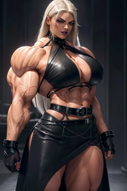 ((Close-up)), tall, (white hair) beautiful muscular woman, long hair, black skinned, closed smile, large breast, (black lipstick), (massive muscles), (hyper muscle), (((ginormous bulky muscles))), blue eyes, ((((black long leather halter top)))), ((((leath...