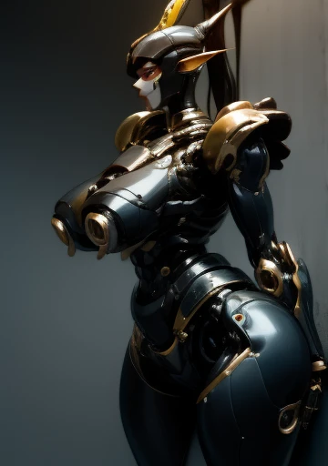  masterpiece，Black charcoal marble constructs cyberpunk mechanical coated prosthetic breasts，（best quality） Heavy Dark Chocolate Skin Color Elf Race Mechanical Power Transformers，Anubis Black Silk Assassin，Face Contour Light ，brown ponytail，Frontal Leather...