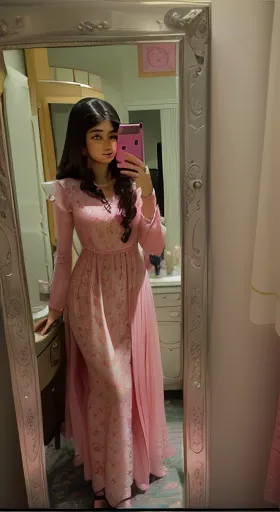 araffe woman taking a selfie in a mirror in a room, wearing a pink dress, dressed in a pink dress, wearing a long dress, wearing pink floral gown, wearing an elegant dress, wearing a silk kurta, pink clothes, wearing a fancy dress, wearing a kurta, wearing...