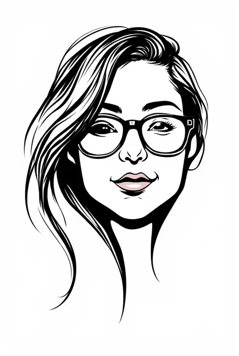 stylized black and white logo.  Vector logo. Calligraphic style, linee ondulate e morbide. Gray scale.Face of a young and beautiful woman. front face. very clean graphics,  She wears glasses . White background . The woman winks. So she has one eye open and...