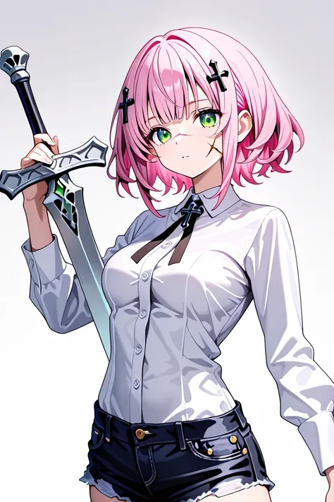 BEST QUALITY, ULTRA DETAILED, HIGH DEFINITION, ALONE, 1 girl, slim, medium breasts, pink hair, short layered hair, cross-shaped hair accessory, green eyes, scar on her face, white dress shirt, long sleeves, black denim shorts, holding a large silver sword....