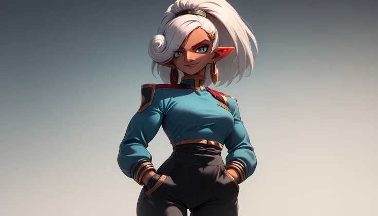 High resolution, Very detailed, perfect lighting, beautiful detailed eyes,   ((masterpiece,Best Quality)), absurdities, alone,     urbosa, by the width, white hair, short tight ponytail, Hair clip, pointy ears, big nose, blue top, long sleeves, Gloves with...