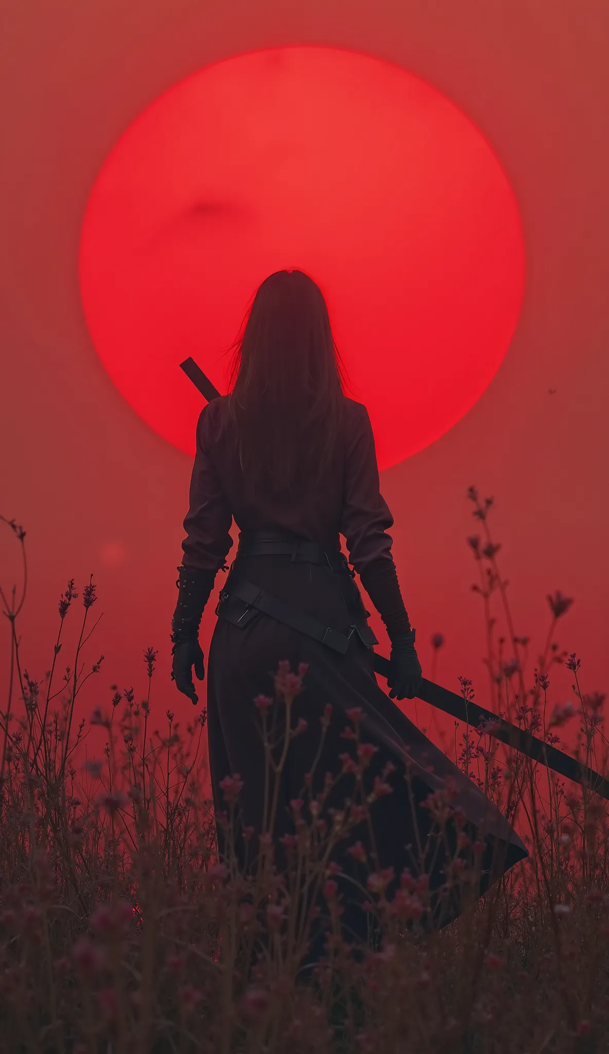 Back view of an assassin woman on a batte field covered by s. The sky is colored by a red sun set.