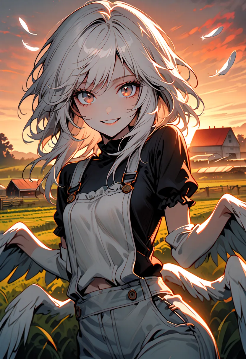 solo, female, farm, harpy girl, chicken girl, white feathers, long white hair, red hairlock, dawn, simple clothes, overalls, wide smile, wing arms, midriff, cow looking at viewer, Victorian, 