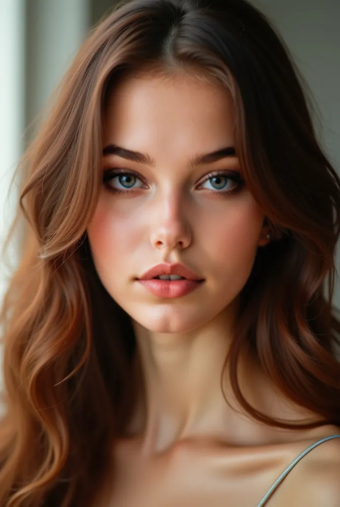 A highly detailed, realistic portrait of a young woman with long, wavy chestnut brown hair. She has warm brown eyes, full lips painted with soft coral lipstick, and naturally arched eyebrows. Her skin is flawless, with a subtle rosy blush on her cheeks. Sh...