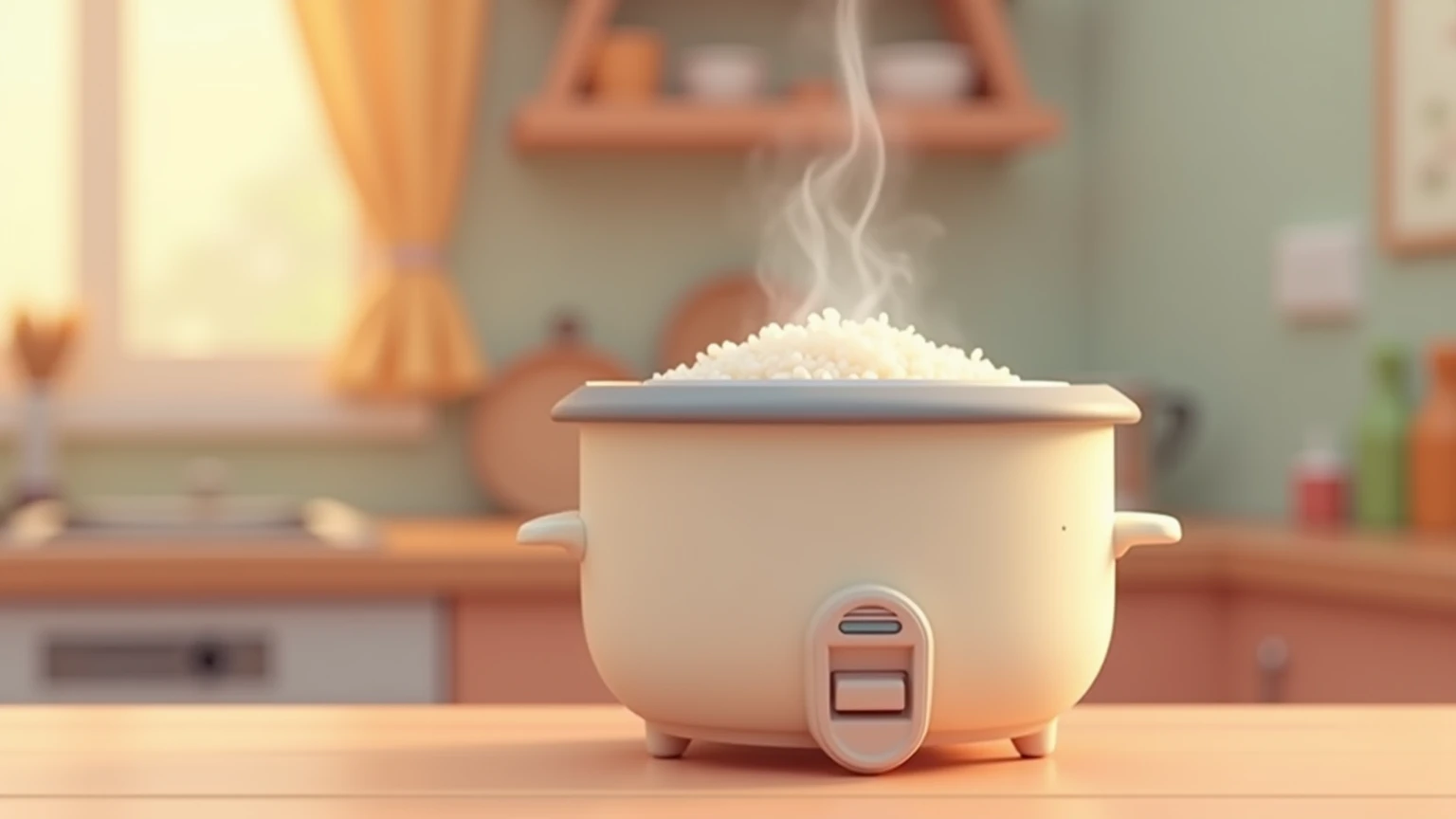 A close-up shot of a rice cooker on a pastel-colored kitchen table, emitting gentle steam from its vent, indicating that it is cooking rice. The rice cooker's indicator light is on, showing that it is in cooking mode. The background features a cozy kitchen...