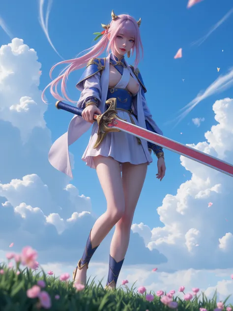 A beautiful 8K resolution masterpiece，shows a female character standing in a scene with a sky background，Armed with a large sword。combined with dynamic lighting and flat colors to create a mesmerizing visual experience。