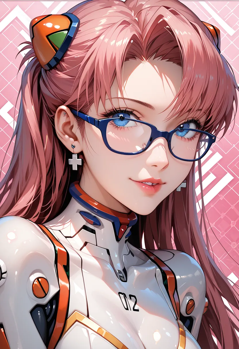    masterpiece  ,  top quality,  Ultra Detailed ,  's art ,   1 girl ,  long hair( pink),glasses,Very detailed Evangelion costume(白と pink), (Giant Robot Background),  Fine skin texture ,   beautiful detailed face  ,  intricate details,  very detailed,   lo...