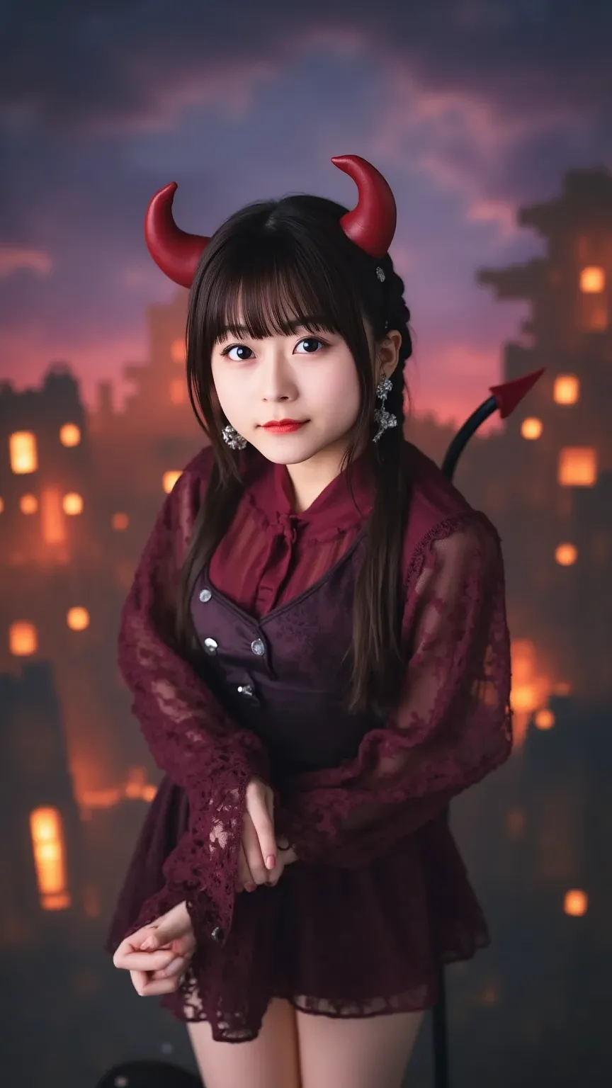 "A cute Japanese woman dressed in a devil costume, with devil horns on her head, a devil's tail protruding from her back, and holding a trident in her right hand. The background features a sinister, ominous demon world with dark skies, fiery lava, and eeri...