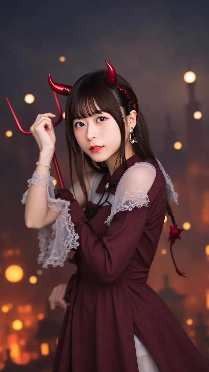 "A cute Japanese woman dressed in a devil costume, with devil horns on her head, a devil's tail protruding from her back, and holding a trident in her right hand. The background features a sinister, ominous demon world with dark skies, fiery lava, and eeri...