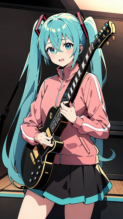  Hatsune Miku, masterpiece, TOP QUALITY, high resolution,  Gotou 1, Goto Kazuto , Alone,  skirt,  pink jacket ,   track jacket, bangs,  hair between eyes,  Long Sleeve,  stage,  has an instrument, guitar,