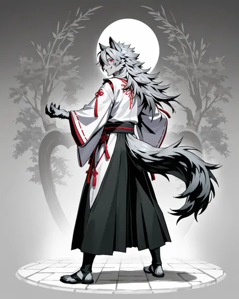 Full body male werewolf,  long gray hair,  wolf ears,  red eyes,  smiling, wearing a Japanese ceremonial costume for men, Back background a ceremonial temple 