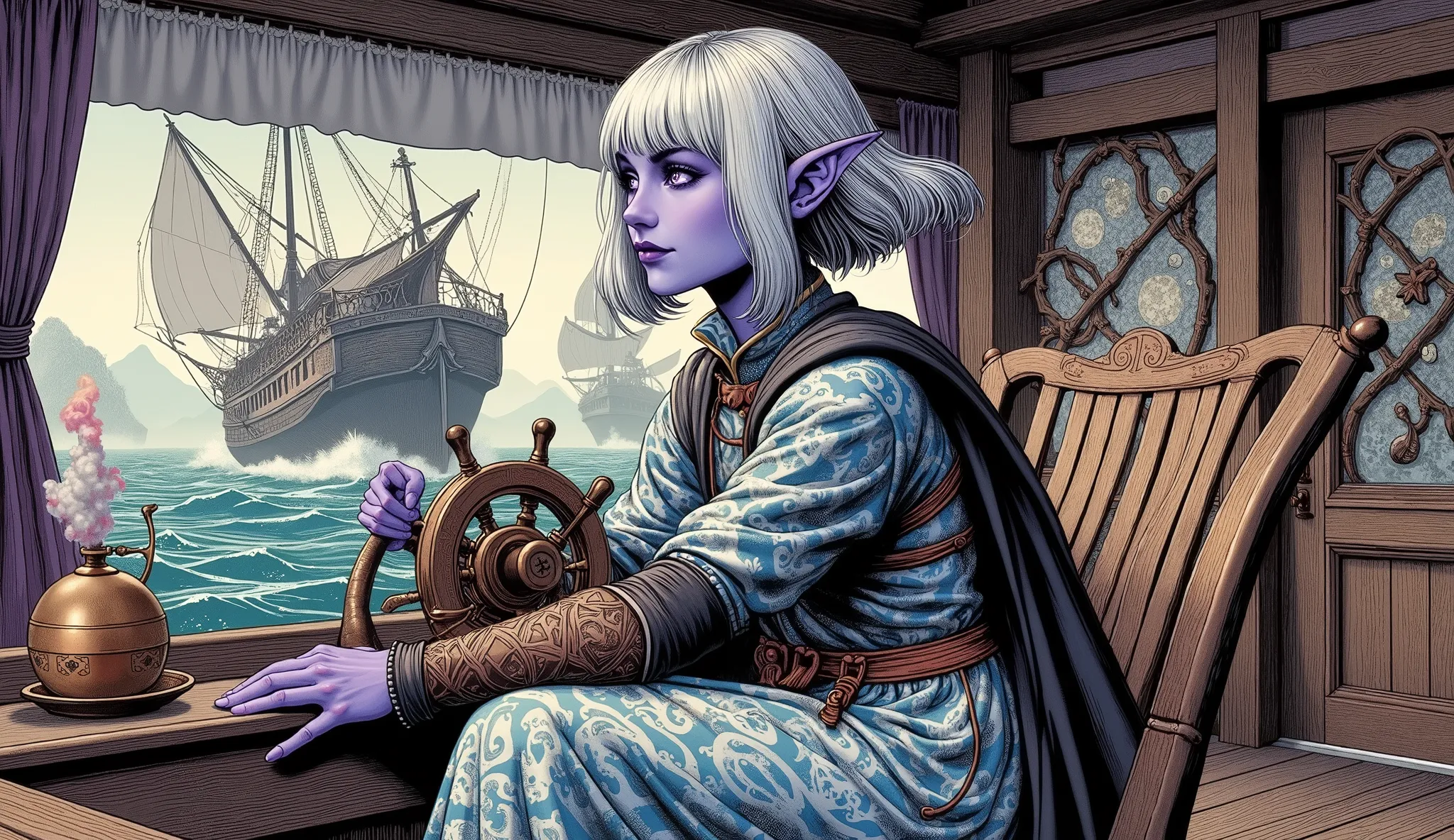 (Ultra-detailed face, looking away, Fantasy Illustration with Gothic, Ukiyo-e, Comic Art), BREAK (DarkElves: These middle-aged dark elf woman have silver hair, blunt bangs, pigtail hair, dark purple skin, and lavender eyes.), BREAK (The dark elf female nav...