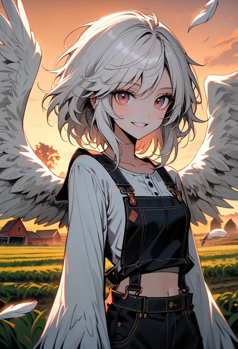 solo, female, farm, harpy girl, chicken girl, white feathers, long white hair, red hairlock, dawn, simple clothes, overalls, wide smile, wing arms, midriff, cow looking at viewer, Victorian, feathered wings, clos eup