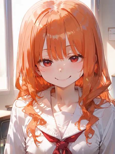 score_9, score_8_up, score_7_up,source_anime, (best quality), best resolution, School, school class, 1girl, cute shy smile, orange hair, long hair, (messy hair:0.6), red eyes, detailed, 4k, beautiful upscale, bikabaka