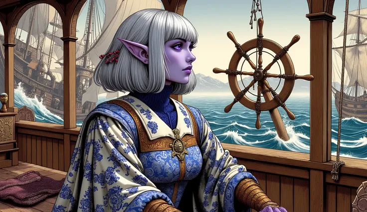 (Ultra-detailed face, looking away, Fantasy Illustration with Gothic, Ukiyo-e, Comic Art), BREAK (DarkElves: These middle-aged dark elf woman have silver hair, blunt bangs, pigtail hair, dark purple skin, and lavender eyes.), BREAK (The dark elf female nav...
