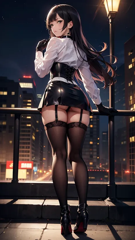 masterpiece, anime style, A young girl,  of foot, ( seen from behind), pretty face,  angry look, ((redness on the cheeks)), long black hair, detailed eyes,  black eyes,  choker : 1.6, (( long sleeve white shirt )), ( black gloves ), (black leather corset),...