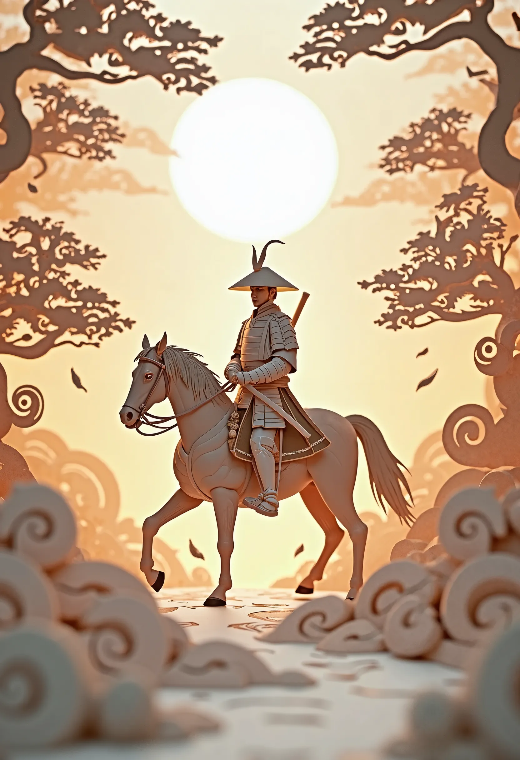 A beautiful and artistic paper cutout composition depicting a samurai warrior on a horse in an elegant, handcrafted style. The compositions are intricately cut from high-quality textured paper, with soft shadows cast onto the background, adding depth and d...