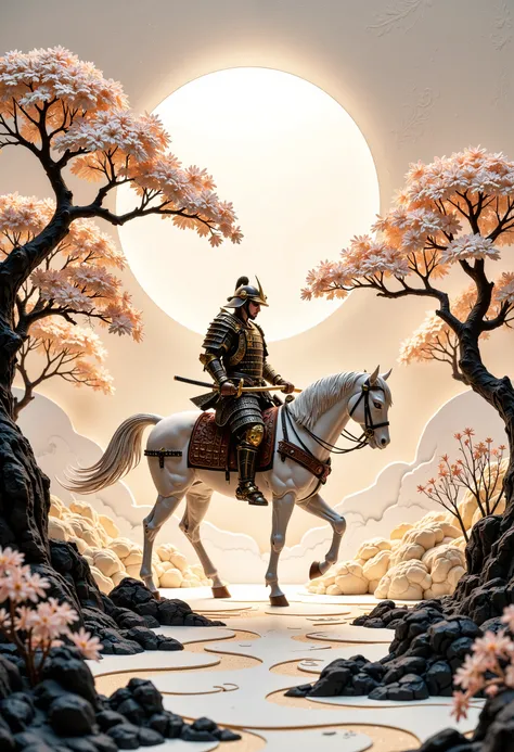 A beautiful and artistic paper cutout composition depicting a samurai warrior on a horse in an elegant, handcrafted style. The compositions are intricately cut from high-quality textured paper, with soft shadows cast onto the background, adding depth and d...