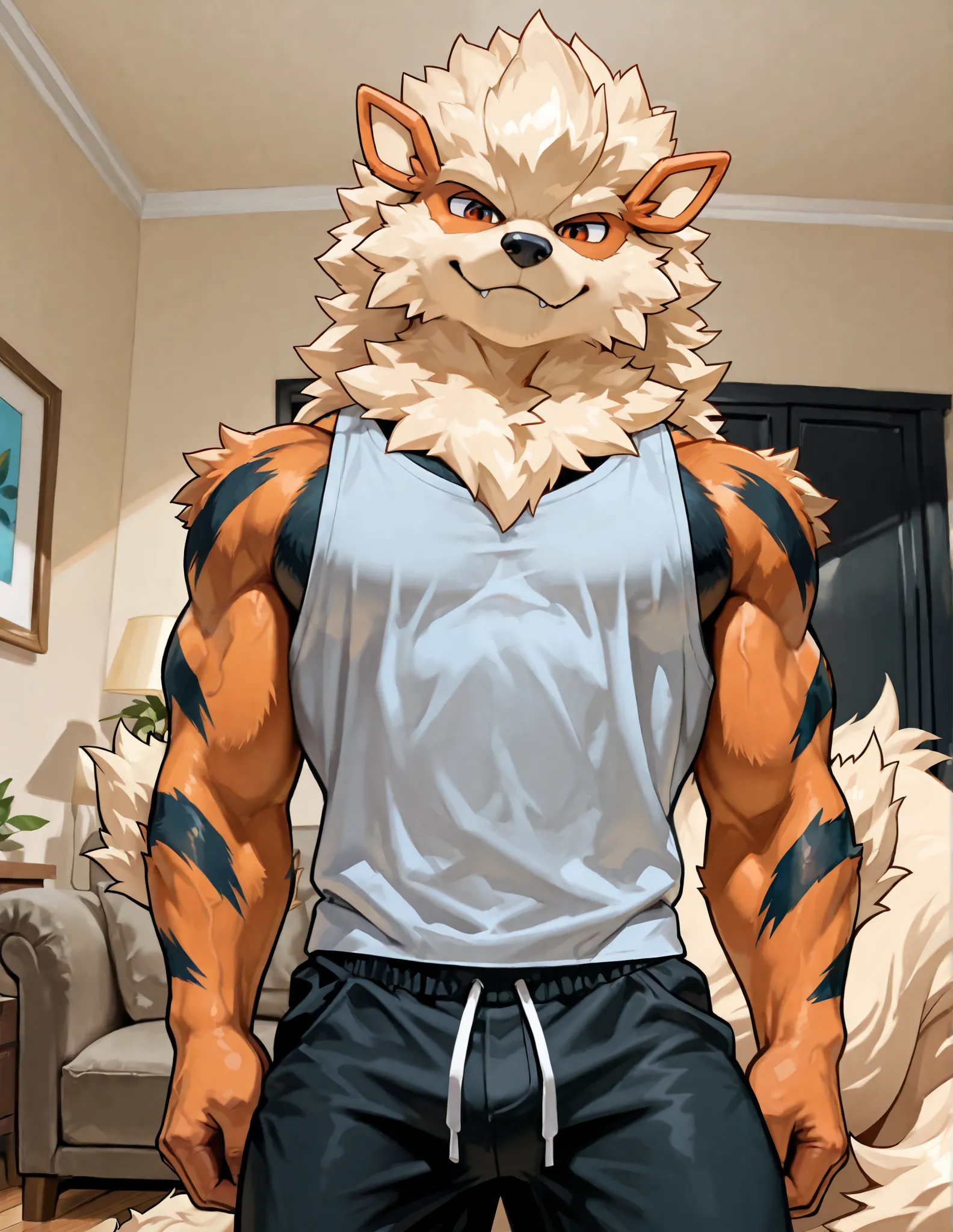 solo, male arcanine (muscular, anthropomorphic arcanine, very tall), standing over viewer, in a living room, seductive expression, accurate anatomy, accurate eyes, clothed