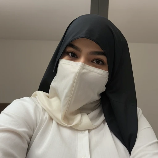 Pakistani Muslim Hijab ager with a face niqab/veil and a phone taking a selfie, tanned ameera al taweel, profile image, the Veil covers her entire face, hair over face, wearing a mask, 18 years old sexy Muslimah. fcNeg, vintbux, ng_deepnegative_v1_75t, Inf...