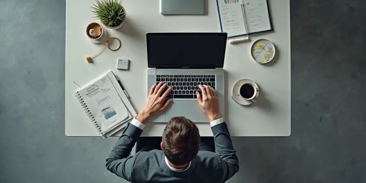 Person using a laptop computer from above