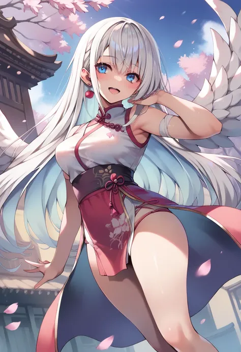  points  _9,  points  _8_go up   ,  points  _7_go up   , source   _anime,  1 girl, bangs,Creative God, white hair,blue eyes,    blush      , breasts, earrings   , Young girl, long hair,  to see the viewer, multicolored hair, open mouth,long White Wings, vi...