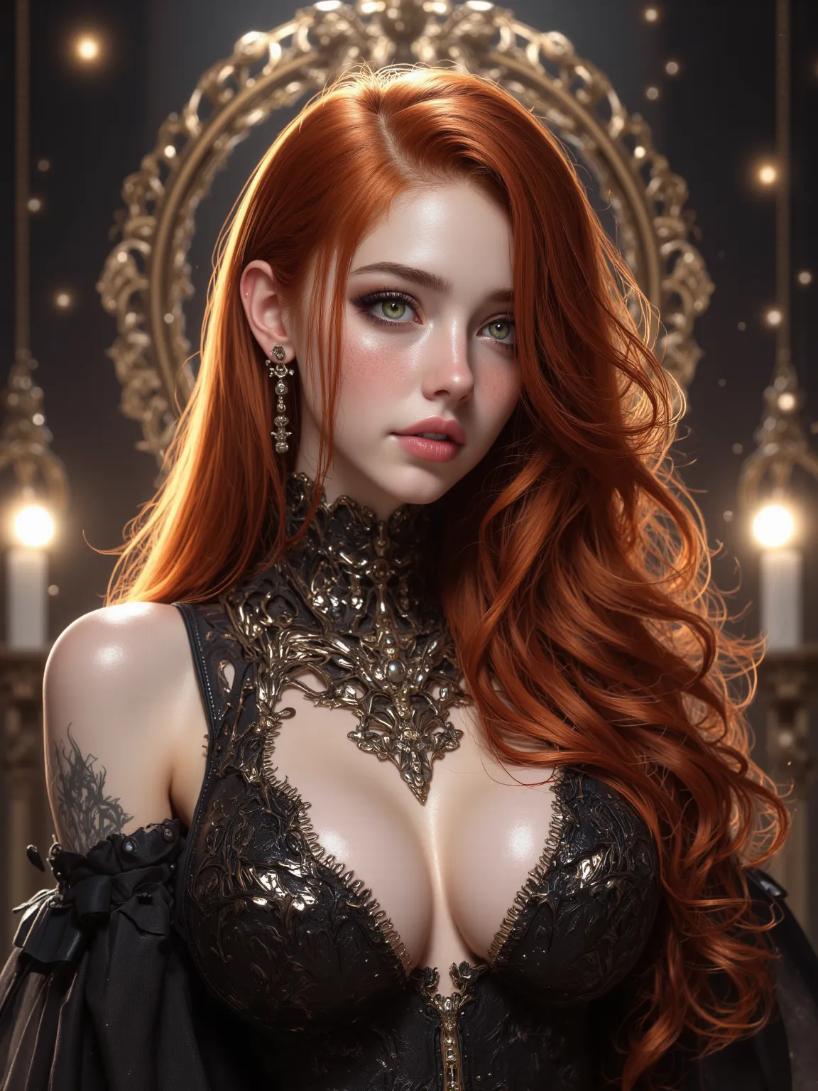  A young woman ， 18 years old，Red Brown Long Straight Hair，Green Eyes Beautiful，Delicate Charming，Shoulders and Perfect Five Eyes， Huge Boobs，Exudes a glamorous charm