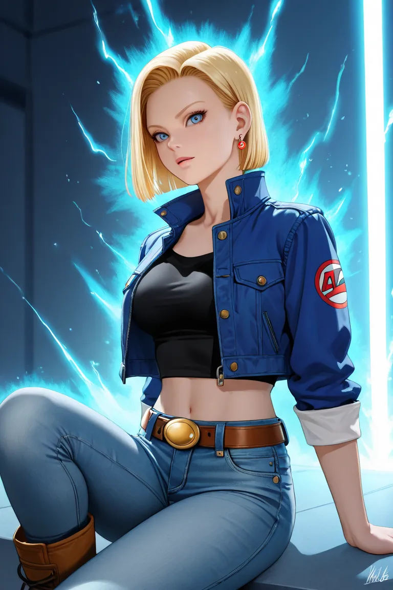 Okay, let me start by understanding what the user wants. They need a prompt for a realistic and professional image of Android18 from Dragon Ball. The key points are detailed clothing and facial features, a full-body shot, and her launching an energy attack...