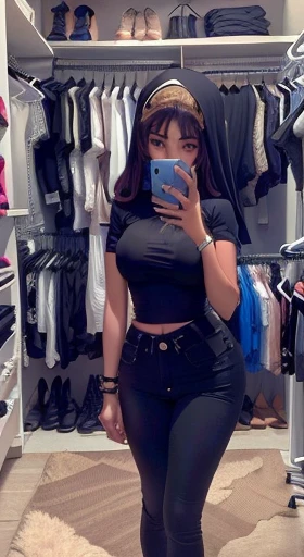 Pakistani Teenager Muslimah 18 years old taking a selfie in front of a closet full of clothes, tight outfit, blue tight tshirt, skinny waist and thick hips, wearing tight simple clothes, black outfit, black top, wearing black tight clothing, tight black ta...