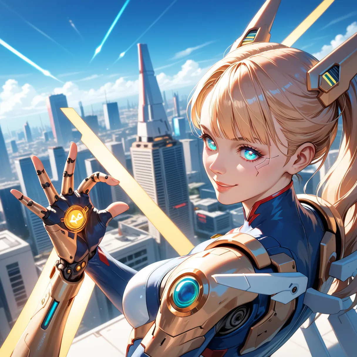 masterpiece,( TOP QUALITY ),highlydetailed,Ultra High Definition,1 girl,(MechanicalWings:golden, glowing eyes:green,goldenrarmor:1.2, Elon Gated Years :0.8),(Cyberpunk City with fingers crossed:1.5,arms: energy blade ),( Fantasy Scenery:1.2, natural light:...