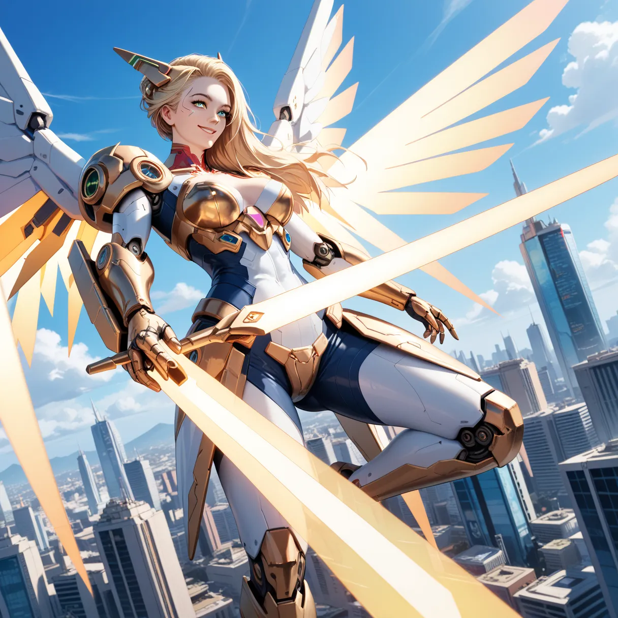 masterpiece,( TOP QUALITY ),highlydetailed,Ultra High Definition,1 girl,(MechanicalWings:golden, glowing eyes:green,goldenrarmor:1.2, Elon Gated Years :0.8),(Cyberpunk City with fingers crossed:1.5,arms: energy blade ),( Fantasy Scenery:1.2, natural light:...