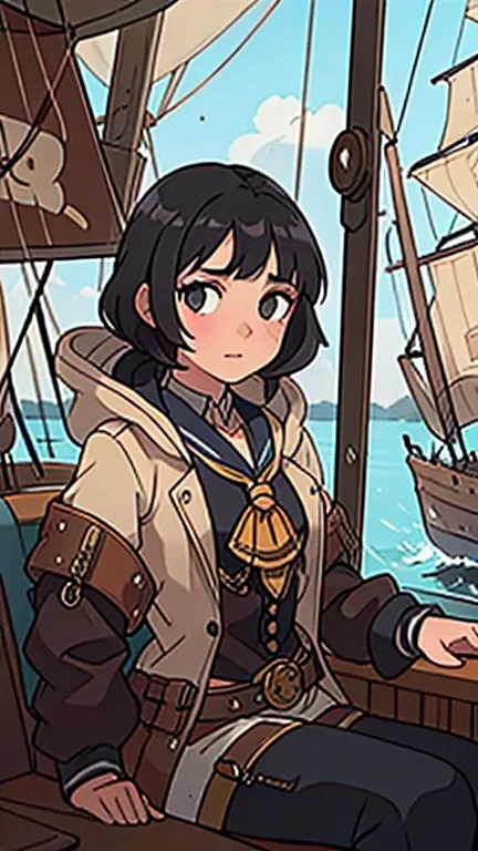       black hair, Glass,    steampunk,Sailing 