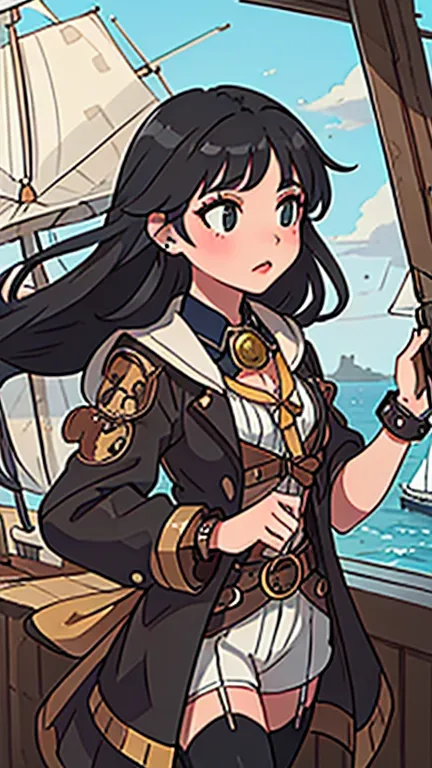       black hair, Glass,    steampunk,Sailing 