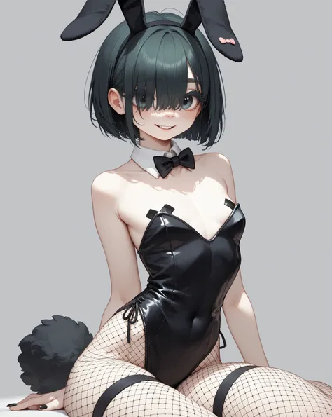 (furry rabbit face:0.9), girl , skinny, bob cut , beautiful hair over the eyes , Long eyelashes , Overbite , baggy black bunny suit , Oversized, (There is a gap in the chest) , petit tape on nipple
, Fishnet stockings