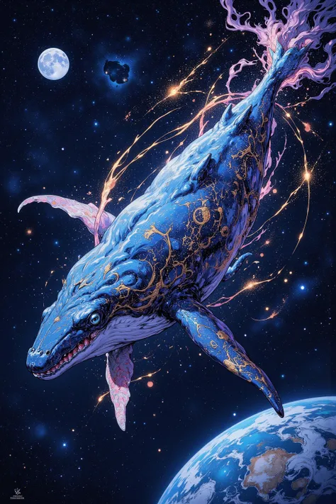 Illustration of a giant whale swimming in space, A background of galaxies and stars々、Draw a planet,Emphasise the impression that the whale is swimming in space,A background of colourful nebulae and meteor showers,A fantastical and enchanting space painting...