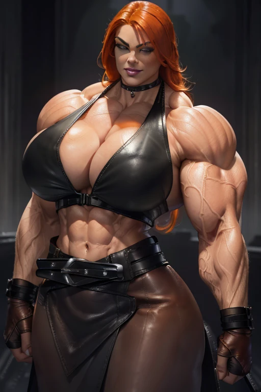 ((Close-up)), tall, (orange hair), beautiful muscular woman, long shaggy hair, white skinned, closed smile, large breast, (black lipstick), (massive muscles), (hyper muscle), (((ginormous bulky muscles))), green eyes, ((((black beautiful  leather halter to...