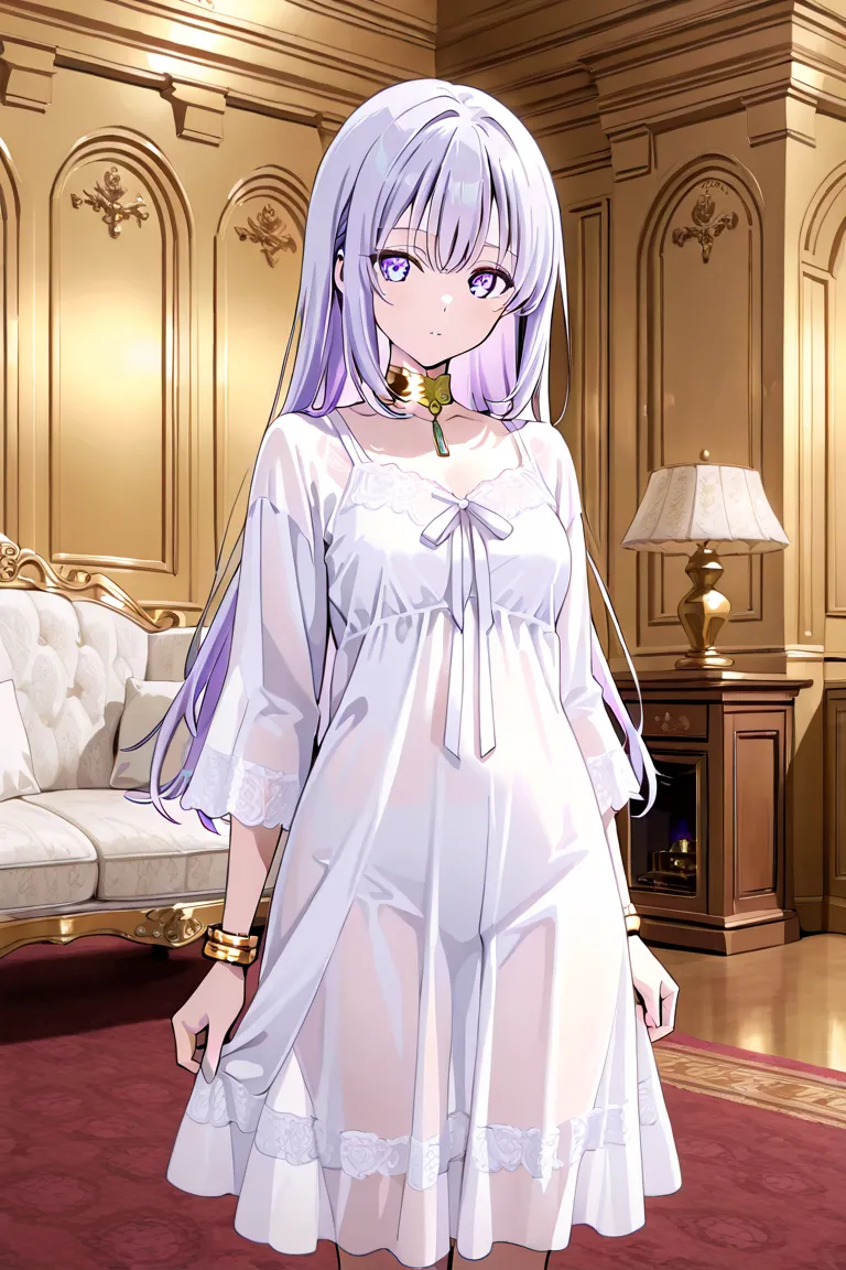 BEST QUALITY, ULTRA DETAILED, HIGH DEFINITION, ALONE, 1 girl, short straight hair, layered, light cyan hair, bangs, lilac eyes, black pupil, slit pupil, standing up. Outfit: white transparent nightgown, gold choker, gold bracelets. Background: castle, rust...