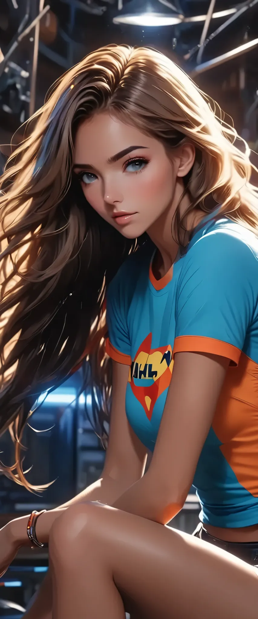 ( Pixar style) Knee-length portrait of a long-haired, toned girl, Natural Skin Textures, 4k Texture, high resolution, complicated,  High precision, sharp concentration, hyper-detailed