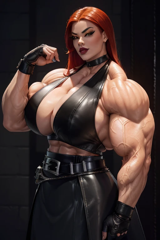 ((Close-up)), tall, (red hair), beautiful muscular asian woman, long hair, white skinned, closed smile, large breast, (black lipstick), (massive muscles), (hyper muscle), (((ginormous bulky muscles))), yellow eyes, ((((black beautiful leather halter top)))...