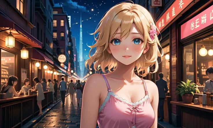  fully uses Makoto Shinkai's depiction,a portrait of Summer McIntosh,A slight smile,half of her bust is visible,light pink tank top dress blonde, This woman is on the edge、,8k 4k masterpiece photo ,The entire upper body is facing this way,There is a ,a por...