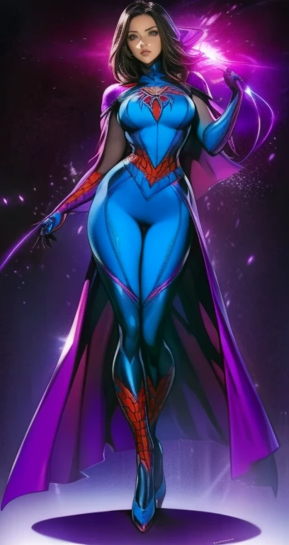 cartoon of a woman in a purple dress and blue gloves,  full body with costume,  full body portrait of jean grey, ( (  Spider-Woman blushing ) ), Kate Bishop,  full body purple cloak, Digital coloring,  Mixed Style by Eon Flux , Villain pose,  new costume c...